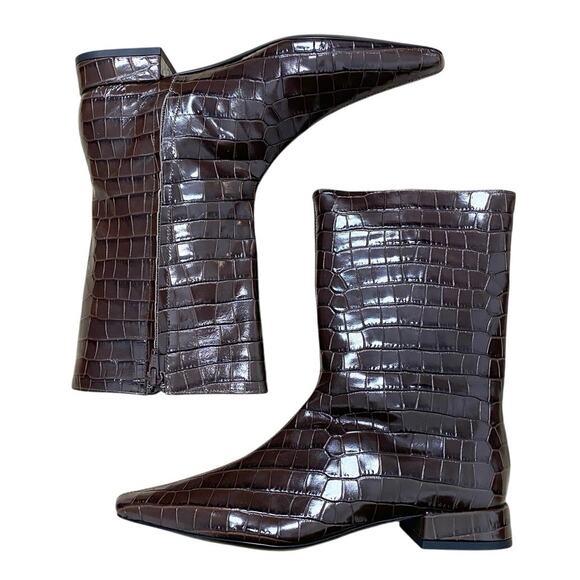 Staud Crocodile Embossed Leather Boots In Dark Brown 9 NWOB - Picture 2 of 6